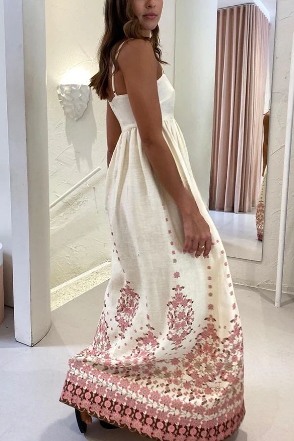 Robe longue ample à bretelles et poches, imprimé unique en mélange de lin et de fleurs paradisiaques
