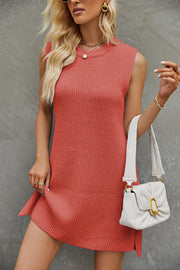 Solid color round neck knitted skirt fashion commuting slit dress