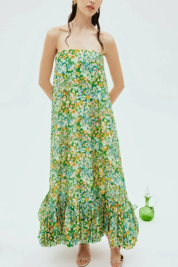 Robe ample bustier à fleurs vertes