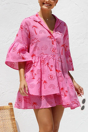 Flare Sleeves Button Down Graffiti Print Ruffle Shirt Dress