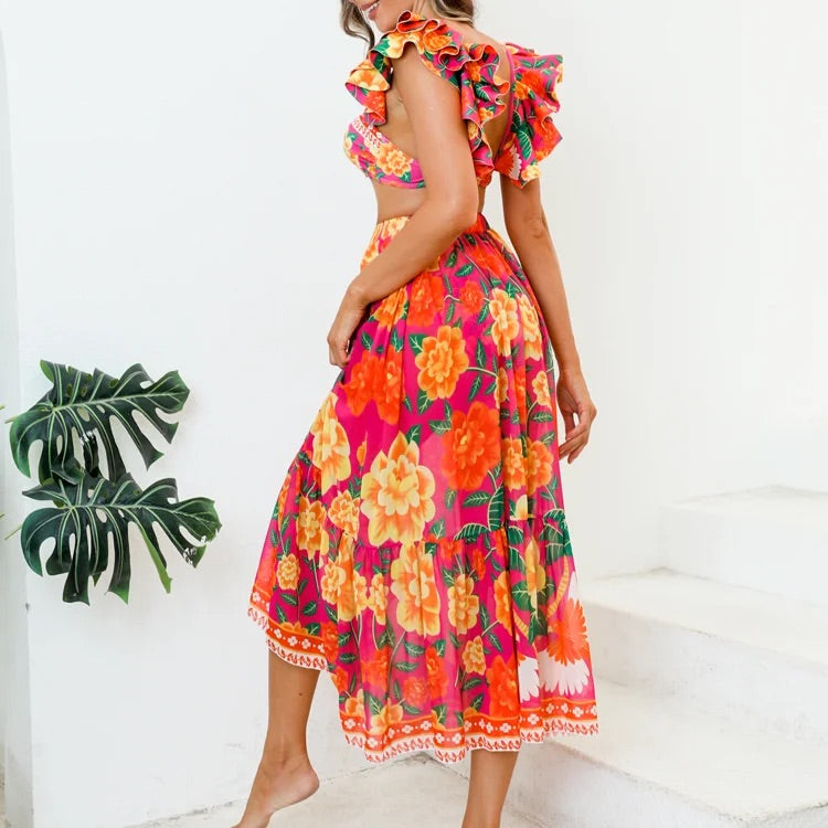 Maillot de bain bikini à imprimé contrasté et volants 