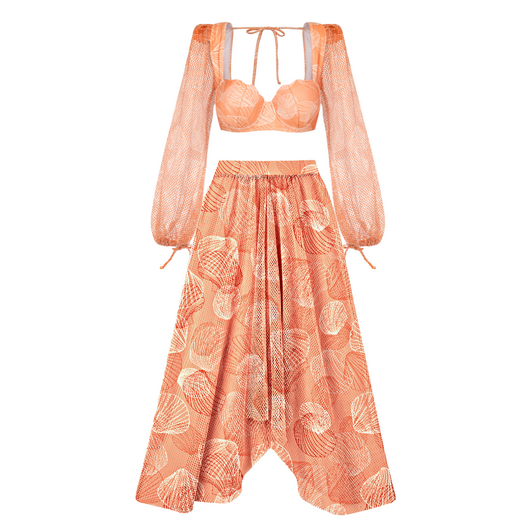 Maillot de bain bikini à manches longues et jupe à imprimé coquillage 