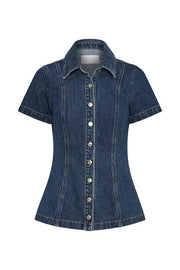 Modern Flavor Denim Short Sleeve Button Up Princess Seams Stretch Top