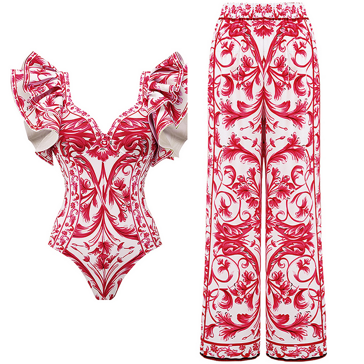 Maillot de bain une pièce et jupe imprimés de style baroque 