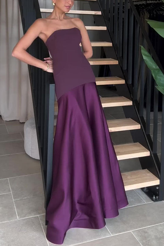 Robe longue évasée bustier en satin patchwork à l'élégance intemporelle