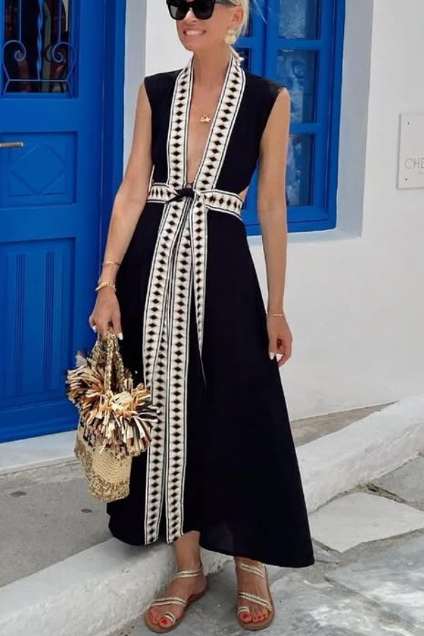Fashionable Lock-edge Printed V-neck Lace-up Holiday Cover-up Robe