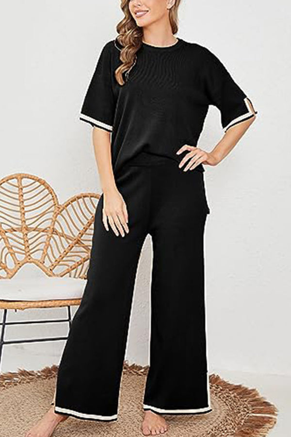 Lounge or Casual Wear Knit Patchwork Color Block Short Sleeve Top and Elastic Wide Leg Pants