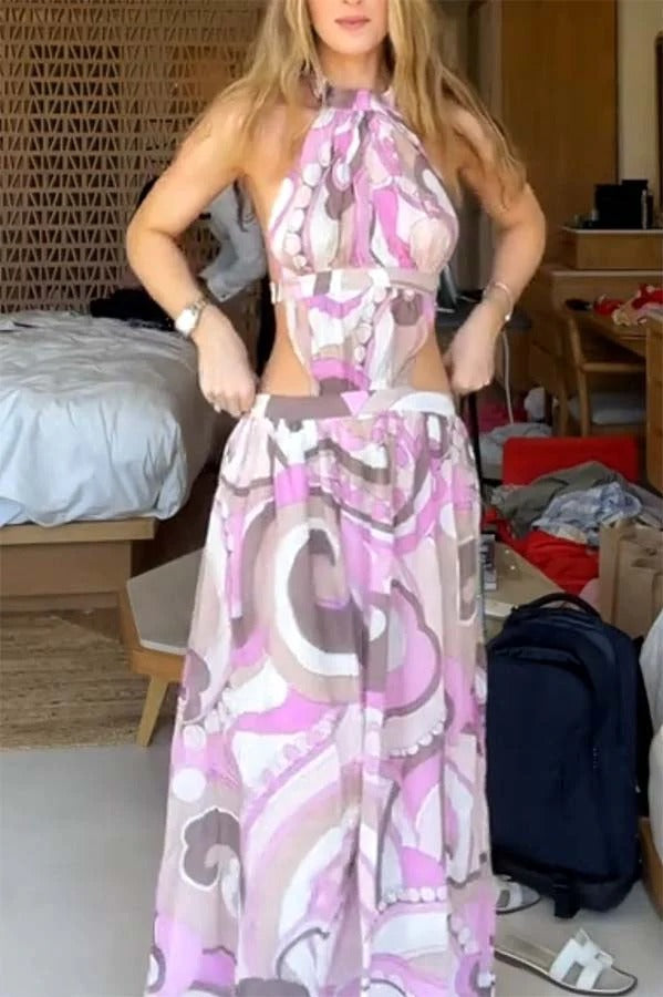 Tauni Unique Print Hollow Waist Backless Elastic Strap Halter Maxi Dress