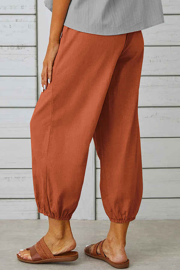 Tatum Linen Blend Elastic Waist Pocketed Button Hem Pants