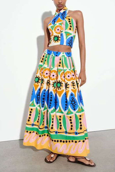 Printed halter neck cropped tank top and skirt set