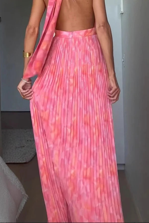 Robe longue plissée à imprimé unique et sexy, col licou, pour les vacances