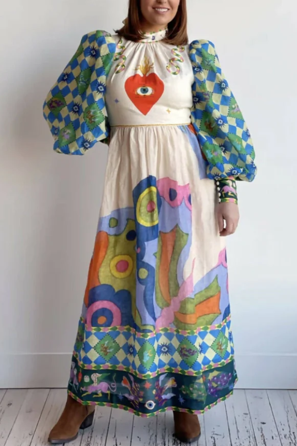 Dear To My Heart – A-Linien-Midikleid mit einzigartigem Print und Laternenärmeln