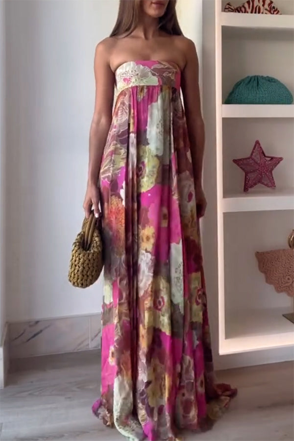 Shelia – Schulterfreies Maxikleid in A-Linie mit ethnischem Blumendruck