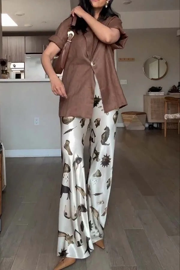 The Finishing Touch Satin Unique Print Elastic Waist Wide Leg Pants