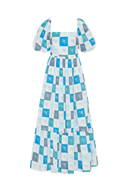 Blue Square Print Puff Sleeve Flat Collar Waist Long Dress