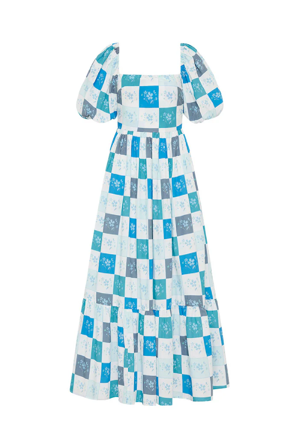 Blue Square Print Puff Sleeve Flat Collar Waist Long Dress