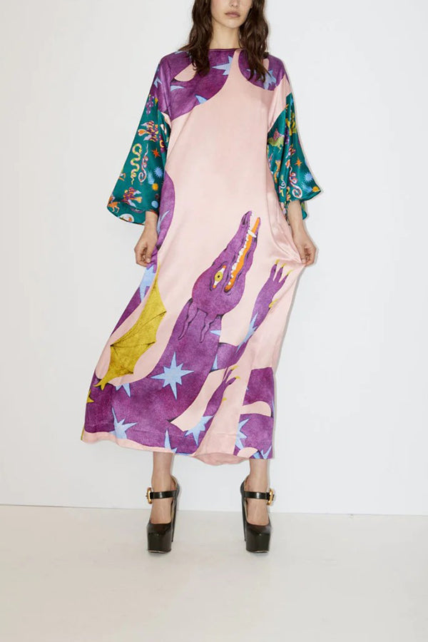 ARTISTIC NATURE SATIN UNIQUE PRINT CONTRAST SLIT RELAXED VACATION MAXI DRESS