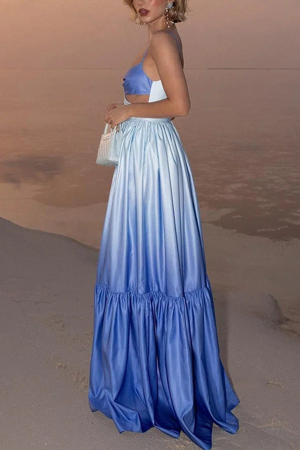 Ocean Breeze Gradient Color Print Cutout Waist Tiered Maxi Dress