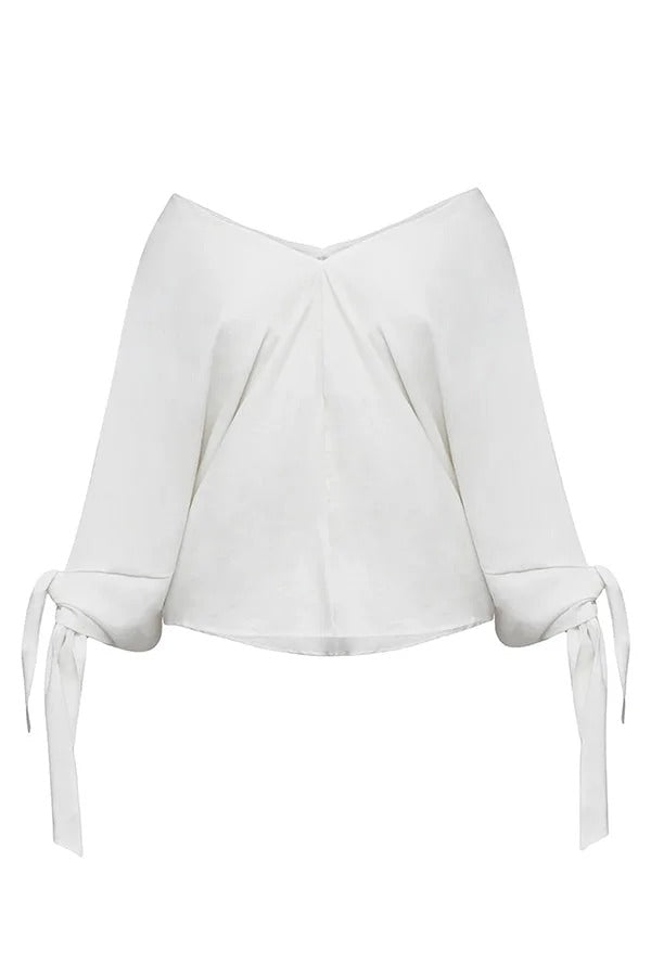 Joyful Bond Linen Blend V-neck Knotted Cuff Half Sleeve Loose Top