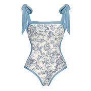 swimgirls Blue Reversible Bowknot Tie-shoulder One Piece Swimsuit and Sarong/Skirt