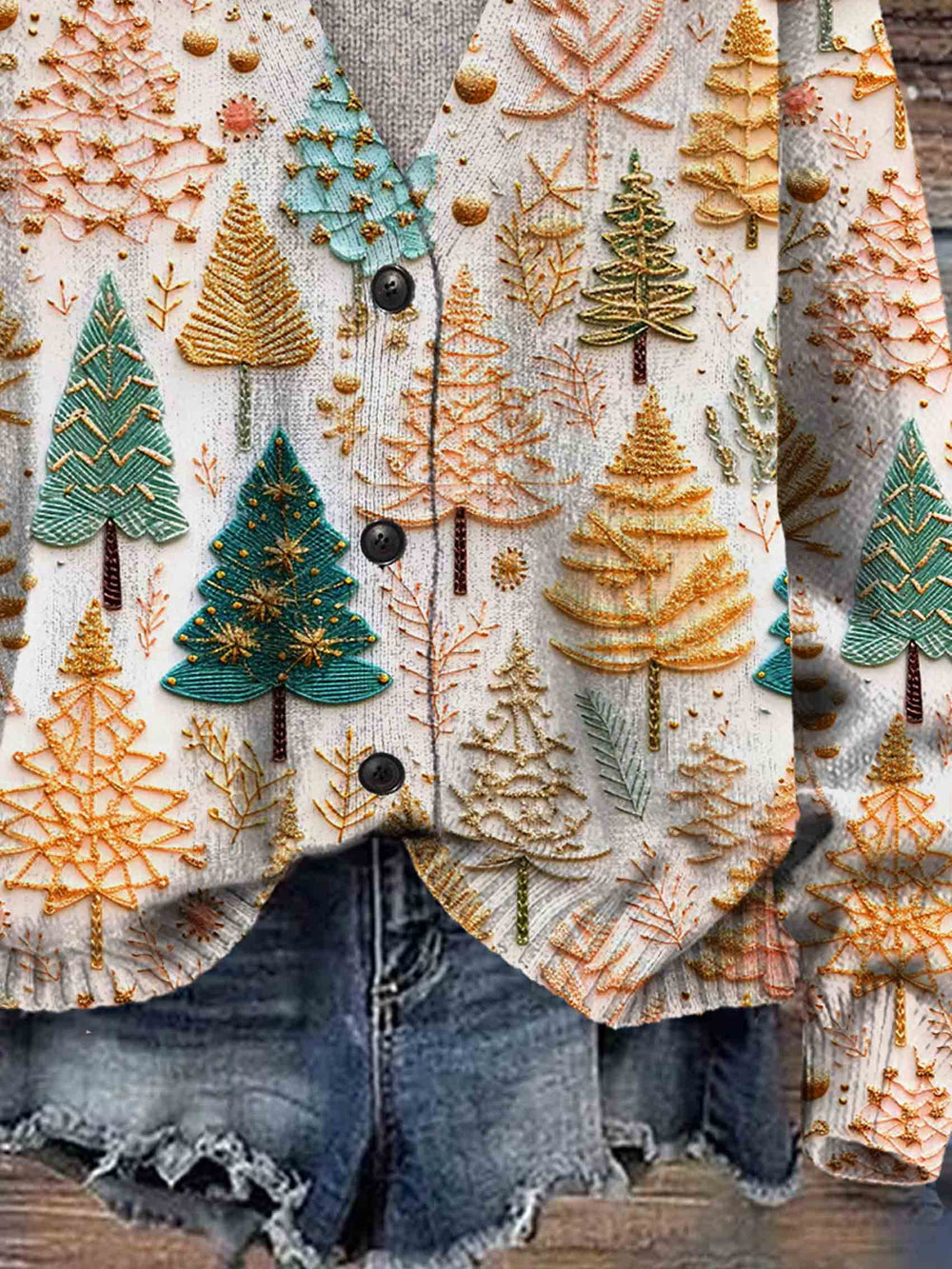 Christmas Trees Print Buttoned Cardigan Sweater