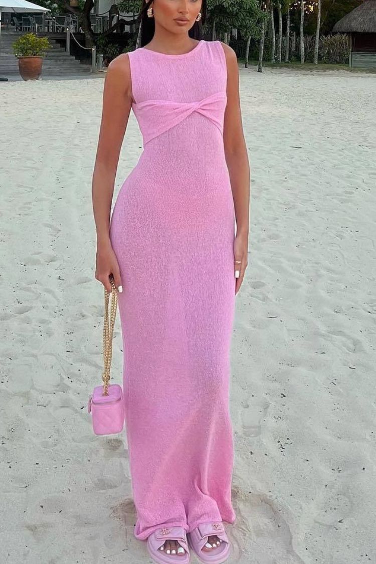 Robe longue en tricot à col rond sans manches