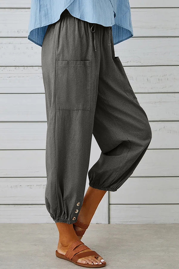 Tatum Linen Blend Elastic Waist Pocketed Button Hem Pants