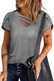 Solid Color Casual Cutout Neck T Shirt