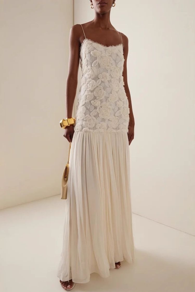 Indulge in Floral Applique Pleated Chiffon Hem Slip Maxi Dress