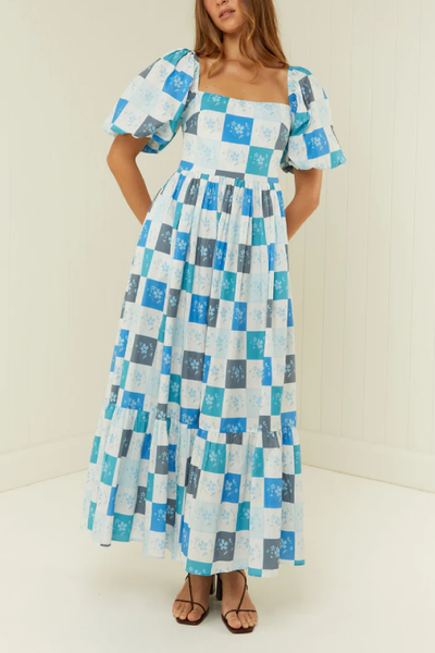 Blue Square Print Puff Sleeve Flat Collar Waist Long Dress