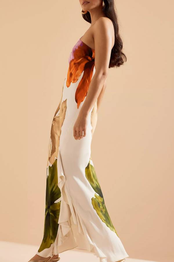 Robe longue à imprimé floral et volants sur les côtés, asymétrique et à une épaule