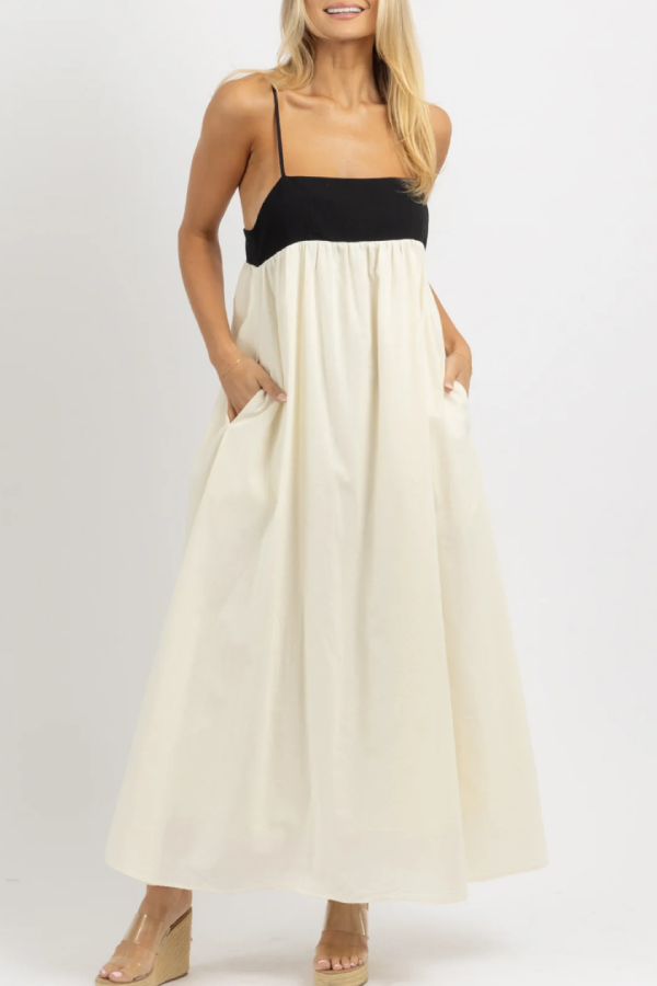 Sexy Sling-Maxikleid aus Leinenmischung mit rückenfreiem Kontrast