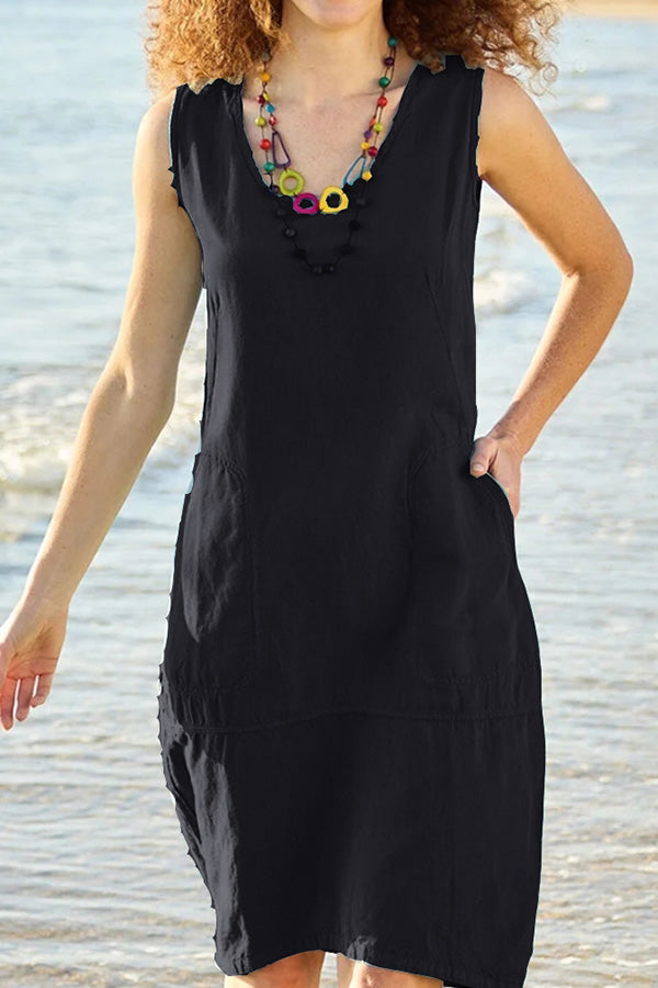 Ärmelloses Midikleid aus Baumwolle und Leinen in Chun-Farbe mit U-Ausschnitt und Tasche 