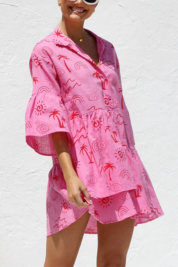 Hemdkleid mit ausgestellten Ärmeln, Knopfleiste und Graffiti-Print