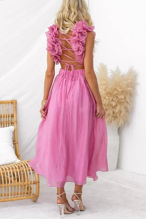 Robe longue de luxe à volants floraux et lacets dans le dos avec taille élastique
