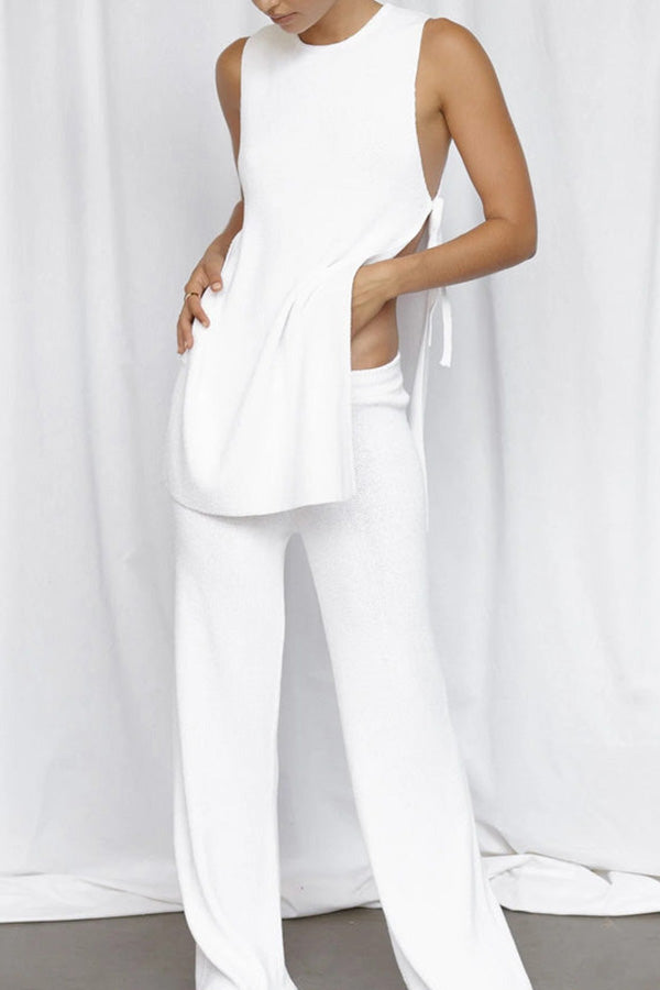 Zita Knit Open Sides Tie- Up Top and Adjustable Elastic Waist Flare Pants Set