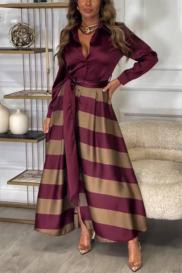 Robe longue en satin Lindsey à manches longues et ceinture contrastée