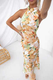 Happier Now Satin Floral Halter Maxi Dress