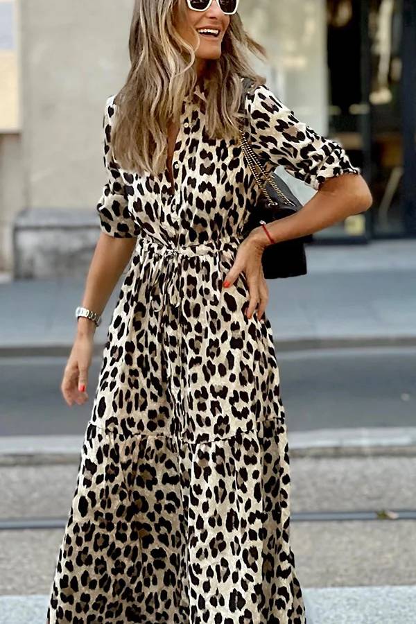 Robe longue à imprimé léopard et boutons, manches longues, taille élastique