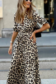 Best of Me Leopard Print Button Long Sleeve Elastic Waist Shirt Maxi Dress