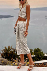 Shiny Silver Sequin Knot Sleeveless Top