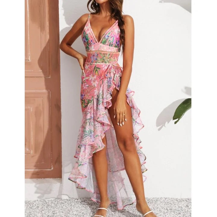 swimgirls Einteiliger Badeanzug mit V-Ausschnitt und Blumenmuster und Sarong aus Netzstoff 