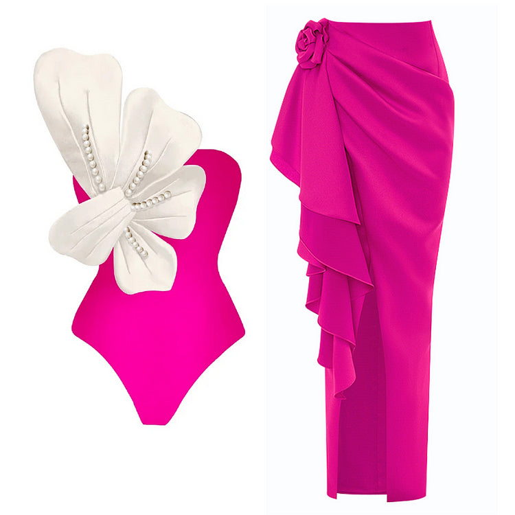 Maillot de bain une pièce asymétrique à fleurs et perles 3D 