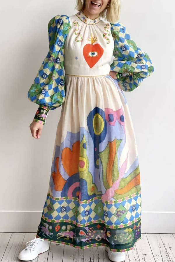 Dear To My Heart – A-Linien-Midikleid mit einzigartigem Print und Laternenärmeln