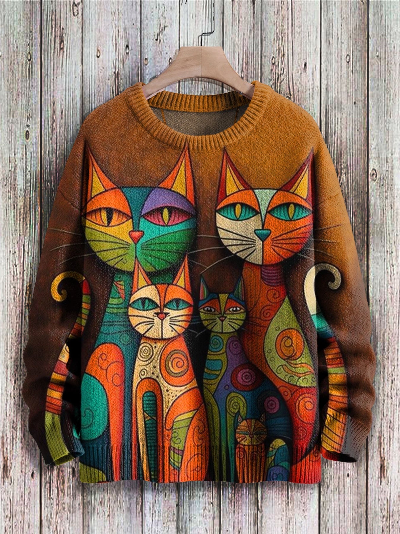 Vintage Cat Art Print Knit Pullover Sweater