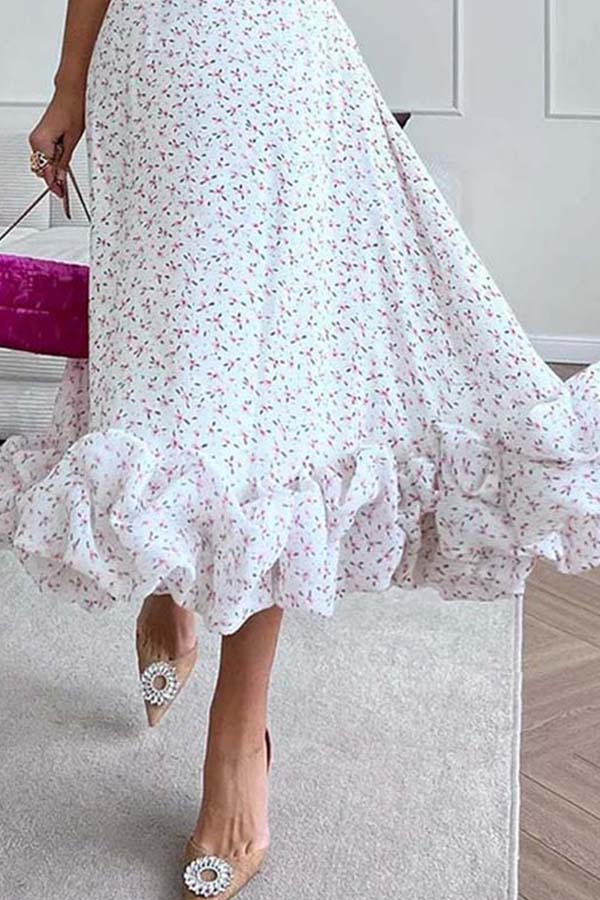 SPAGHETTI STRAP RUFFLES HEM FLORAL PRINT DRESS