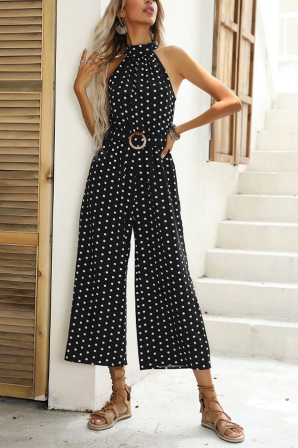 Trendy belt with polka-dot halter neck suspenders wide-leg black jumpsuit