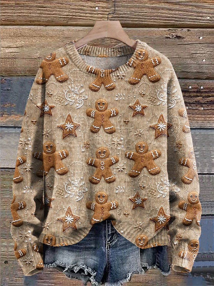 Christmas Gingerbread Cookies Cottagecore Boho Print Knit Pullover Sweater