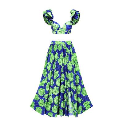 Blue Green Rose Big Ruffle Contrast Print Bikini Swimsuit and Skirt