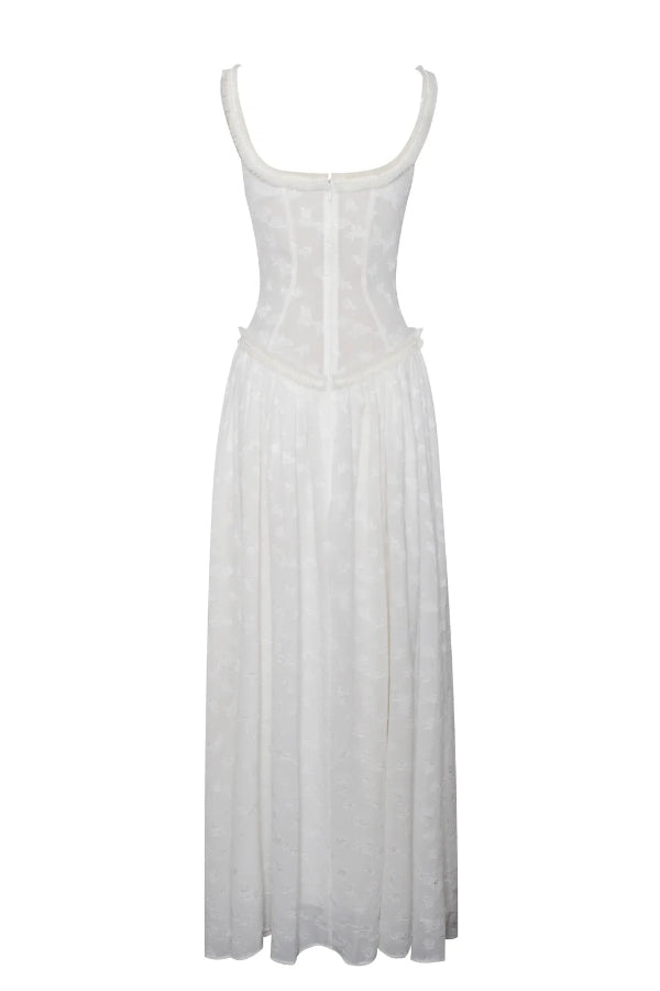 Ulissa – Hellgrünes Maxikleid mit Jacquard-Struktur und quadratischem Ausschnitt und hohem Schlitz